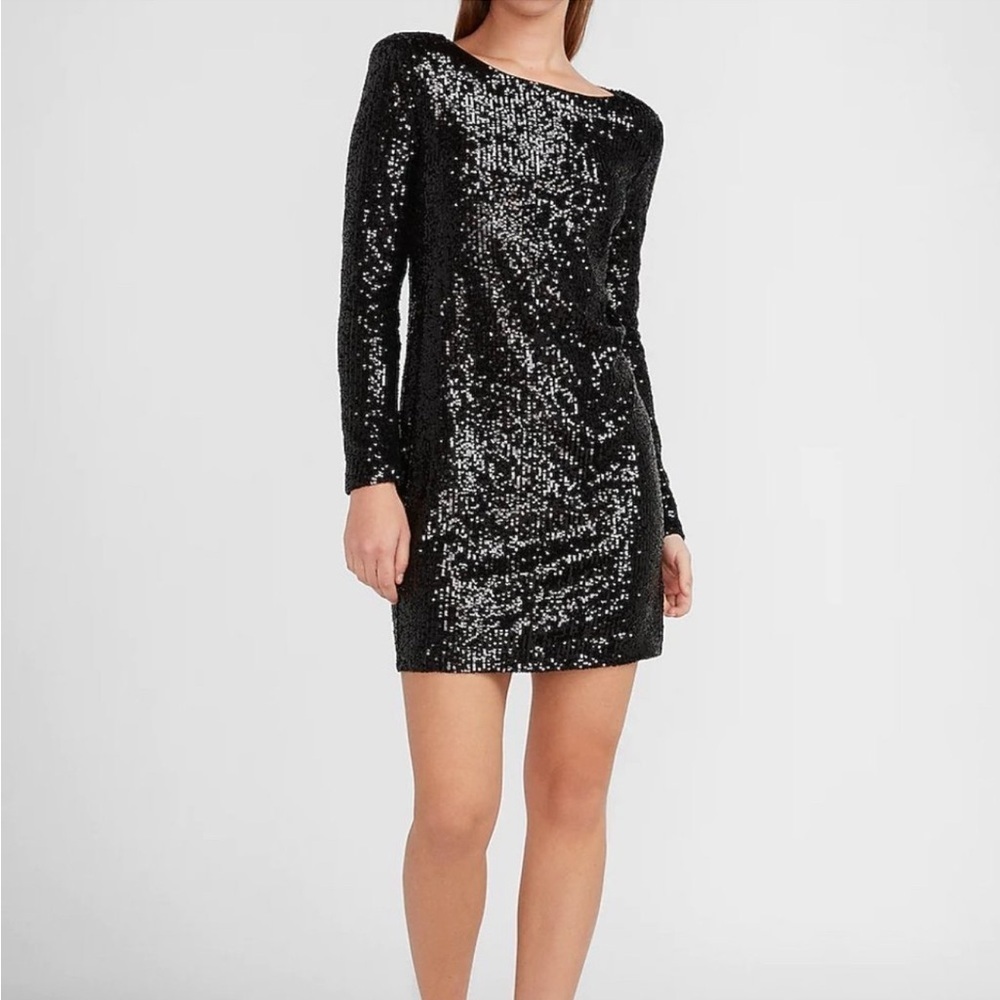 Express Elegant Black Sequin Long Sleeve Dress